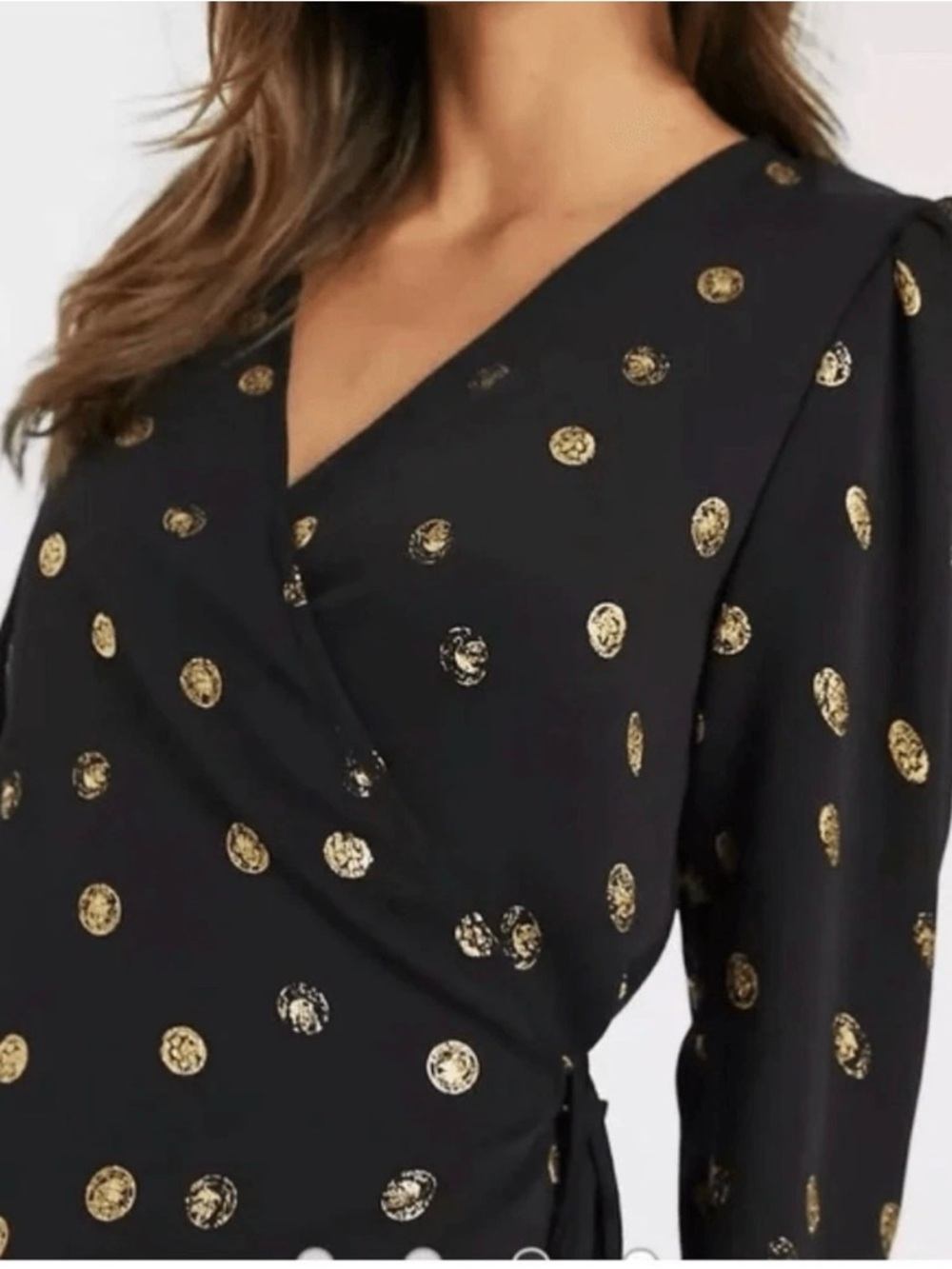 & Other Stories Black Wrap Blouse with Gold Foil Print Size 4